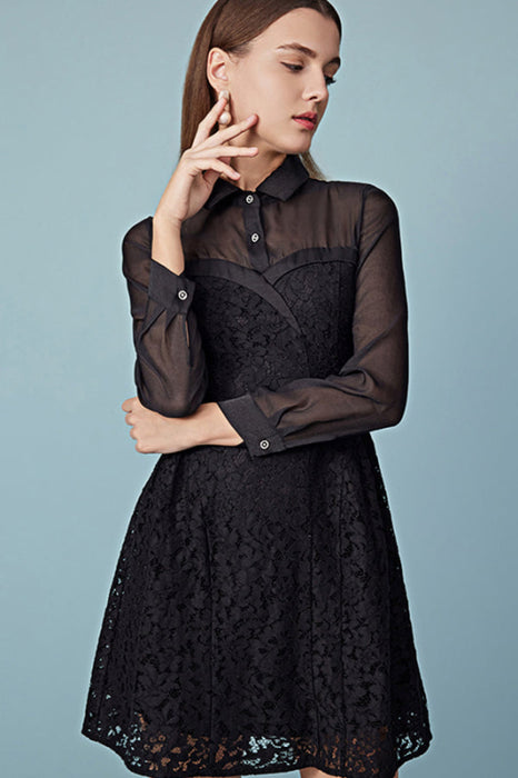 High Collar Black Lace Dress Fit & Flare Long Sleeves Mini Dress - Dresses