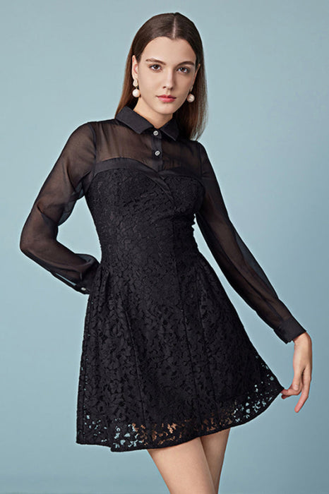 High Collar Black Lace Dress Fit & Flare Long Sleeves Mini Dress - Dresses