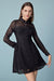 High Collar Black Lace Dress Fit & Flare Long Sleeves Mini Dress - Dresses