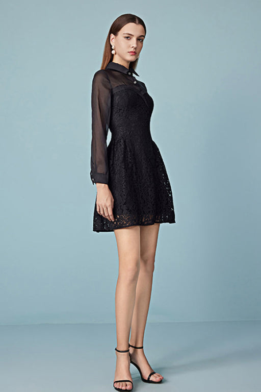 High Collar Black Lace Dress Fit & Flare Long Sleeves Mini Dress - Black / S - Dresses