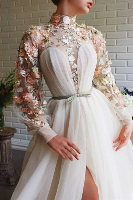 High Collar Mermaid Evening Dress With Flowers Split White Long Sleeves
