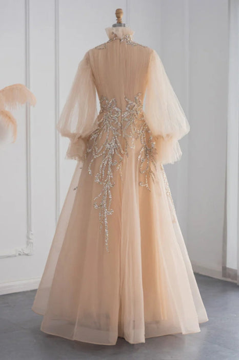 High Neck Champagne Aline Evening Dress Sequined Beadings Tea Length Formal Dress