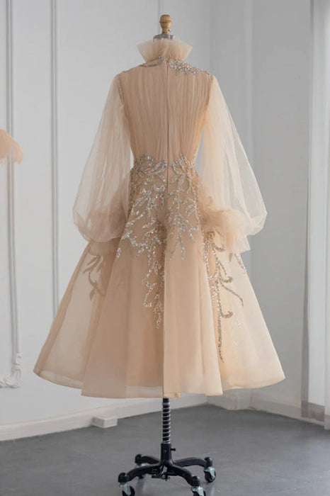 High Neck Champagne Aline Evening Dress Sequined Beadings Tea Length Formal Dress