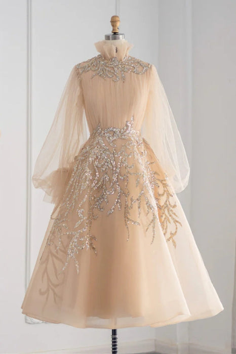 High Neck Champagne Aline Evening Dress Sequined Beadings Tea Length Formal Dress