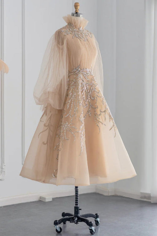 High Neck Champagne Aline Evening Dress Sequined Beadings Tea Length Formal Dress