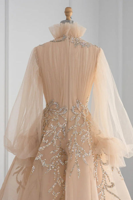 High Neck Champagne Aline Evening Dress Sequined Beadings Tea Length Formal Dress