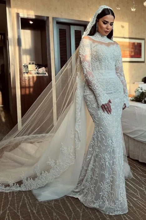 High Neck Empire Lace Mermaid Wedding Gown With Long Sleeves