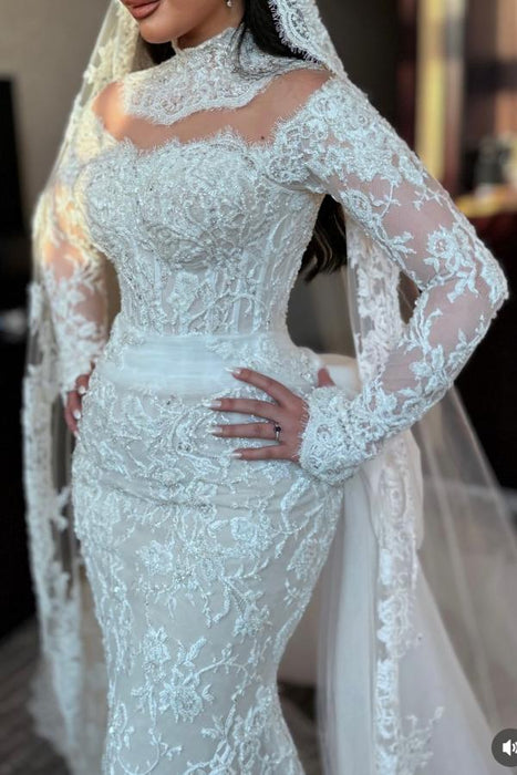 High Neck Empire Lace Mermaid Wedding Gown With Long Sleeves