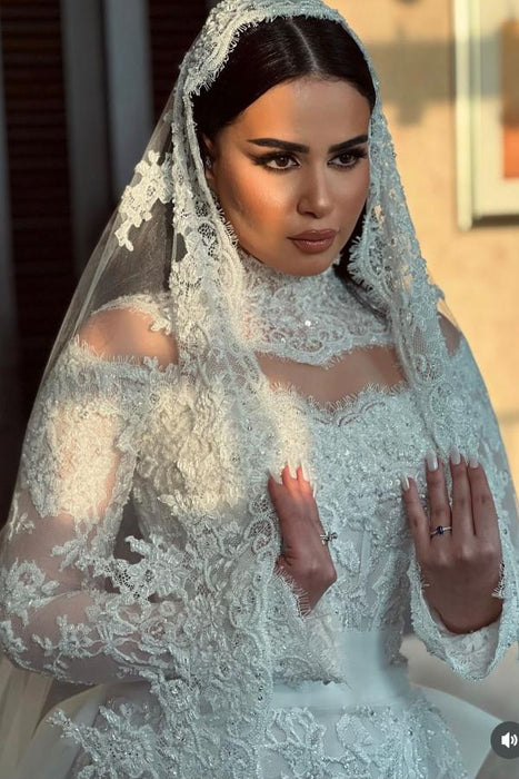 High Neck Empire Lace Mermaid Wedding Gown With Long Sleeves