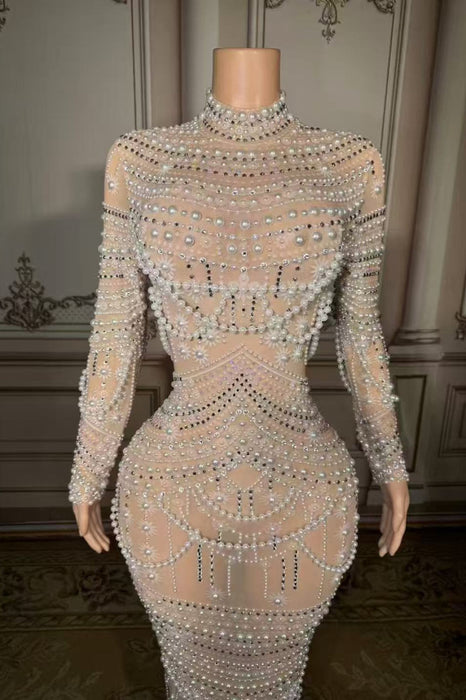 High Neck Floor Length Beadings Sheath Prom Dress