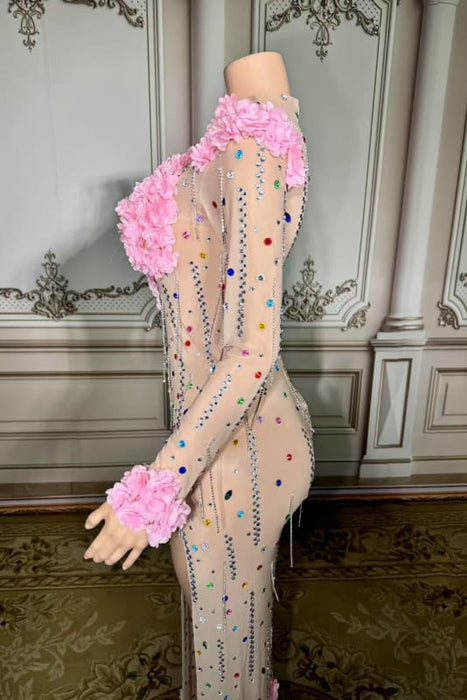 High Neck Floor Length Flowers Sheath Prom Dress Long Sleeves