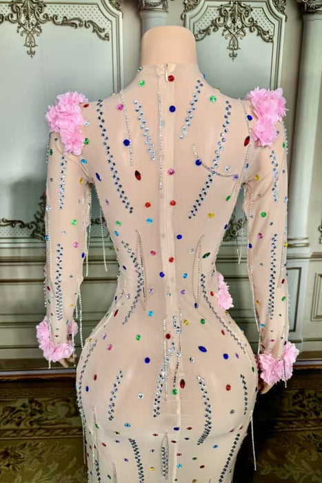 High Neck Floor Length Flowers Sheath Prom Dress Long Sleeves