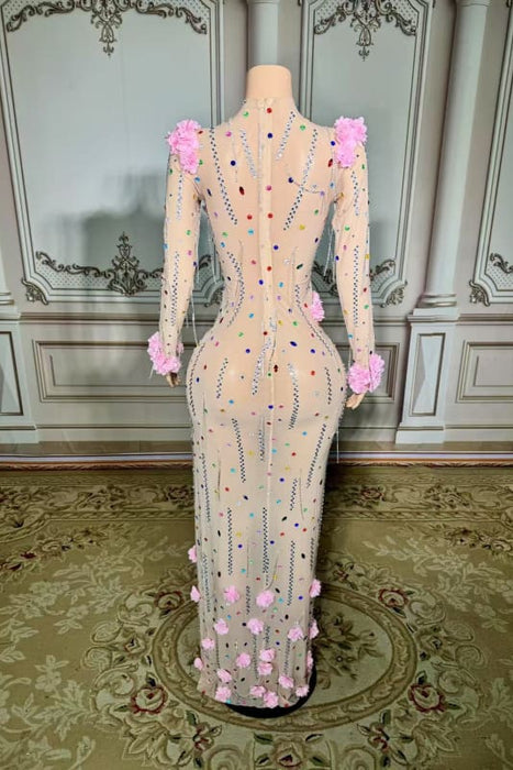 High Neck Floor Length Flowers Sheath Prom Dress Long Sleeves