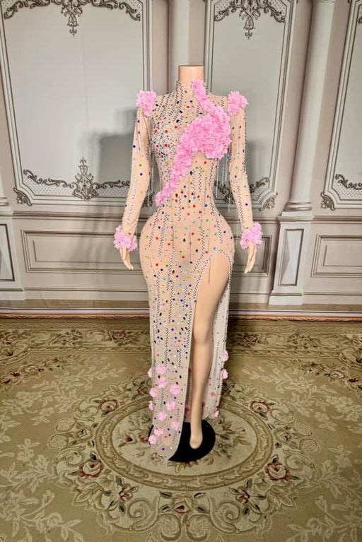 High Neck Floor Length Flowers Sheath Prom Dress Long Sleeves