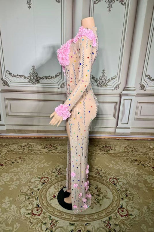 High Neck Floor Length Flowers Sheath Prom Dress Long Sleeves