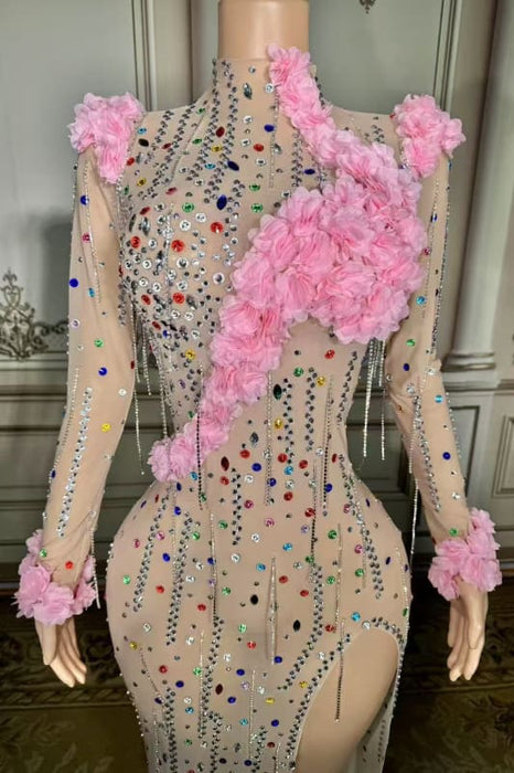 High Neck Floor Length Flowers Sheath Prom Dress Long Sleeves