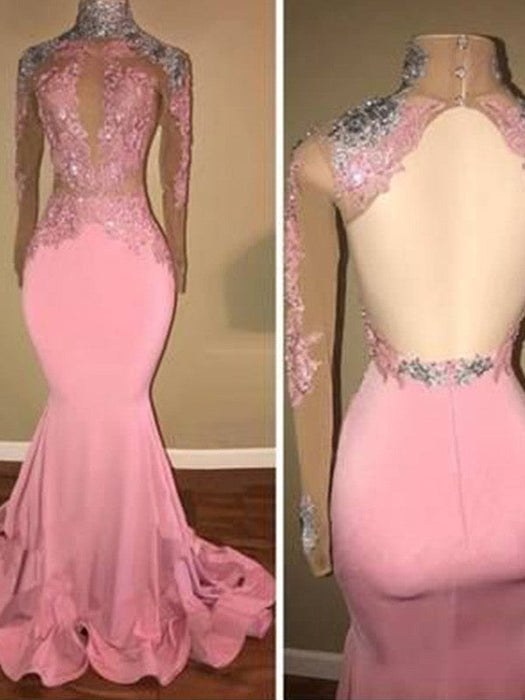 Trumpet/Mermaid High Neck Jersey Applique Long Sleeves Sweep/Brush Train Dresses - Prom Dresses