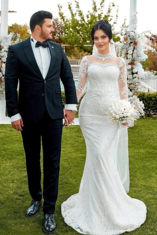 High Neck Lace Mermaid Wedding Dress Tulle Appliques Bridal Gown with Sleeves