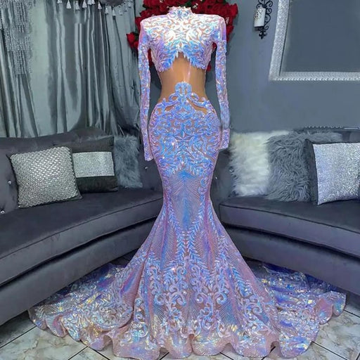 High Neck Long Sleeve Sequined Lace Mermaid Prom Dress