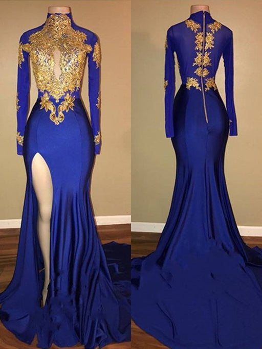 Trumpet/Mermaid High Neck Long Sleeves Sweep/Brush Train Applique Spandex Dresses - Prom Dresses