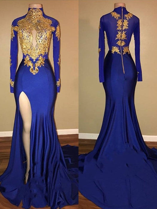 Trumpet/Mermaid High Neck Long Sleeves Sweep/Brush Train Applique Spandex Dresses - Prom Dresses