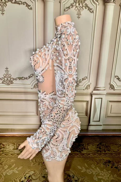 High Neck Pearls Short Sheath Prom Dress with Long Sleeves