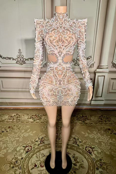 High Neck Pearls Short Sheath Prom Dress with Long Sleeves