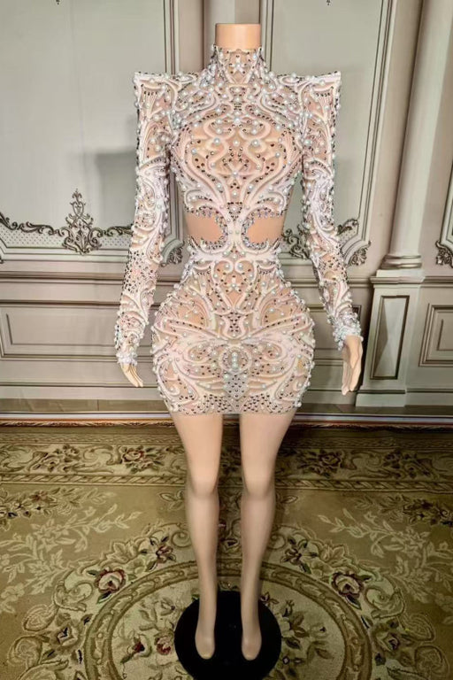 High Neck Pearls Short Sheath Prom Dress with Long Sleeves