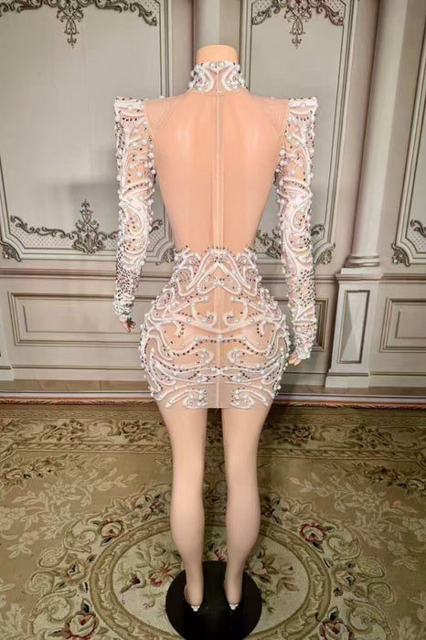 High Neck Pearls Short Sheath Prom Dress with Long Sleeves