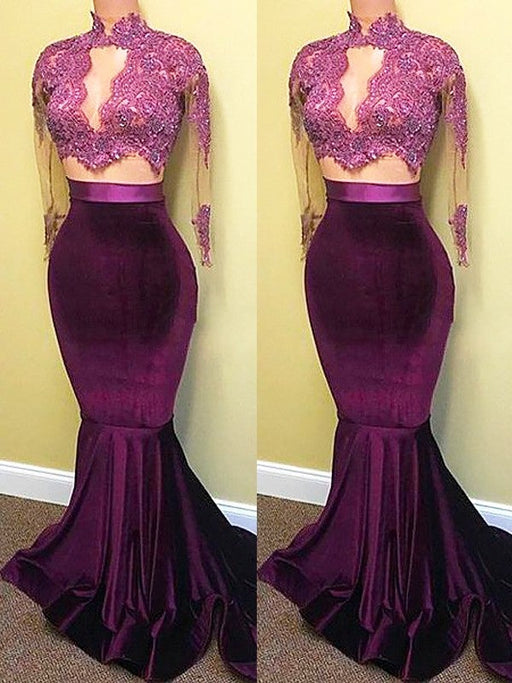 Trumpet/Mermaid High Neck Satin Long Sleeves Applique Sweep/Brush Train Dresses - Prom Dresses