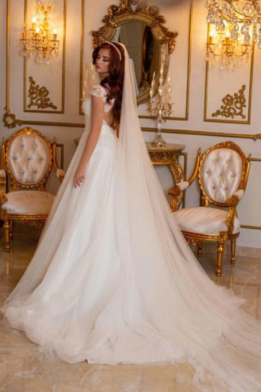 High Neck Tulle Long Lace A-line Wedding Dress Cap Sleeves