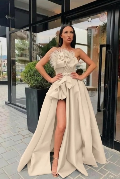 High Split Long Prom Dress Black Strapless Evening Dress with Feathers