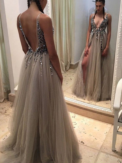 A-Line/Princess Sleeveless V-neck Tulle Paillette Sweep/Brush Train Dresses - Prom Dresses