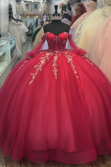 Hot Fuchsia Off-the-Shoulder 3D Floral Quinceanera Dress Sweet 16 Ball Gown with Beadings
