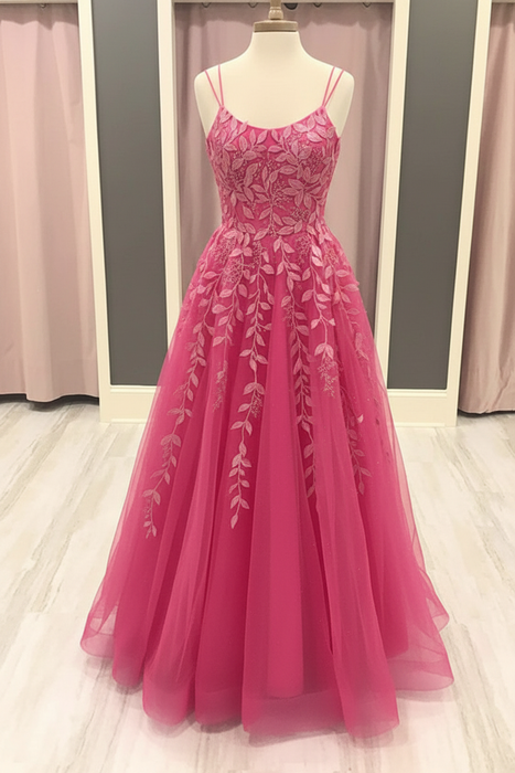 Hot Pink A Line Lace Long Prom Dresses