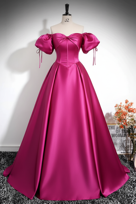 Hot Pink A-Line Pleated Off-The-Shoulder Prom Dress