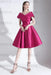 Hot Pink A-Line V-Neck Knee-Length Short Sleeves Pleated Satin Cocktail Dress 