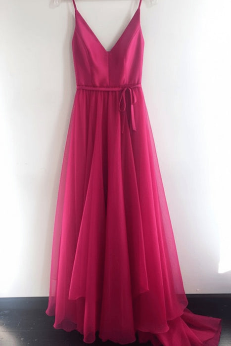 Hot Pink A Line V Neck Spaghetti Straps Tulle Prom Dresses