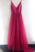 Hot Pink A Line V Neck Spaghetti Straps Tulle Prom Dresses