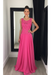 Hot Pink Chiffon A-Line Prom Dress Scoop Neck with Lace Appliques