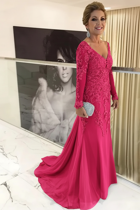 Hot Pink Elegant Long Sleeves Lace mother of the bride dress V-Neck - Prom Dresses