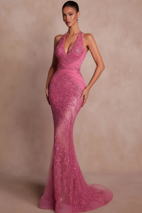 Halter Dark Green Mermaid Prom Dress Glitter Sequins Evening Gown