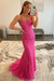 Hot Pink Lace Mermaid Backless Long Prom Dresses