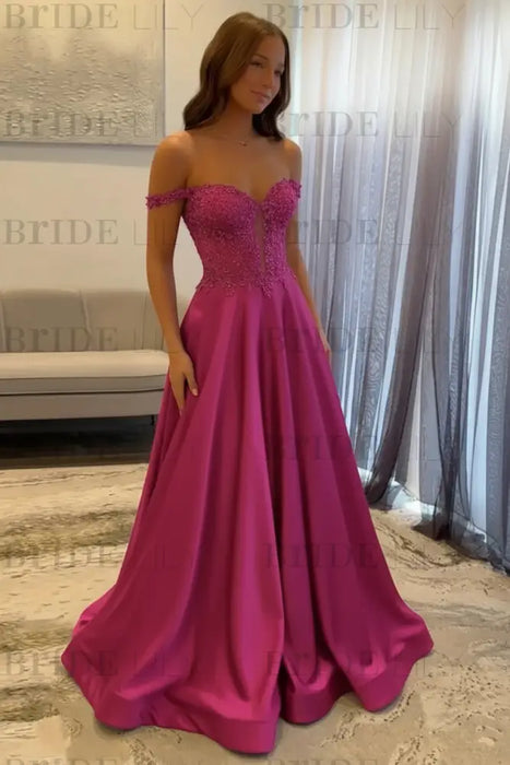 Hot Pink Off-the-Shoulder A-line Evening Dress Lace Prom Dress Long