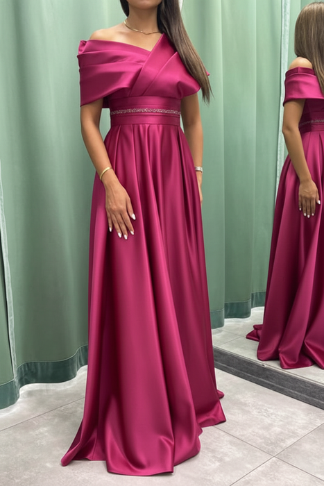 Hot Pink Elegant Off-the-Shoulder Long Evening Dress Pleated