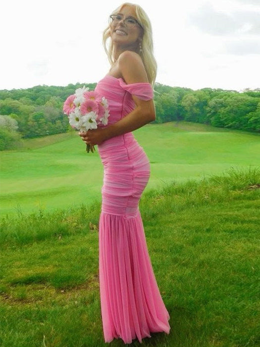 Hot Pink Prom Dress Mermaid Off-Shoulder Sweetheart Pleats Prom Dress Long