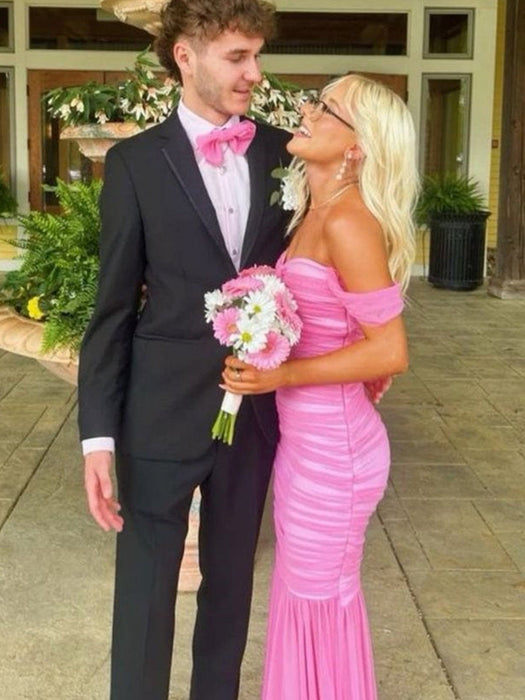 Hot Pink Prom Dress Mermaid Off-Shoulder Sweetheart Pleats Prom Dress Long