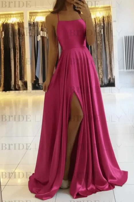 Hot Pink Simple Prom Dress Long With Spaghetti Straps Front Slit Satin Evening Dress