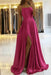 Hot Pink Simple Prom Dress Long With Spaghetti Straps Front Slit Satin Evening Dress