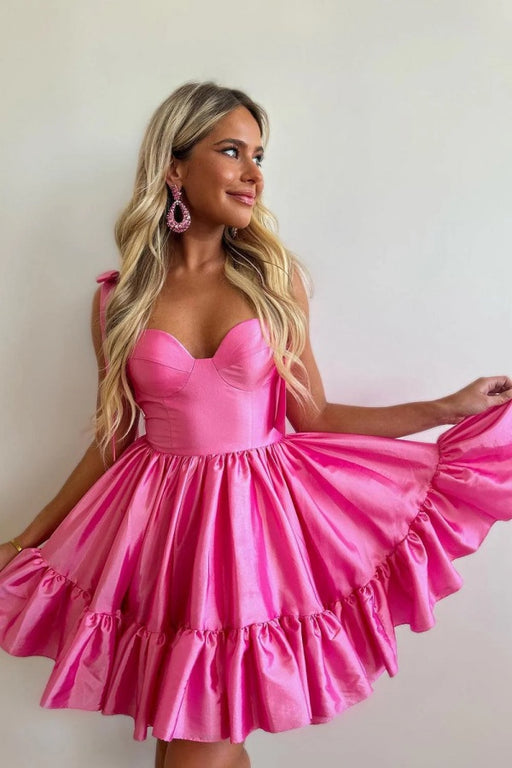 Pink Satin A-Line Short Cocktail Graduation Dress with Straps